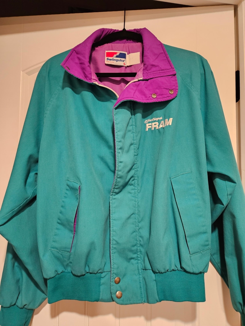 1980s FRAM Teal and Purple Women's Bomber Jacket